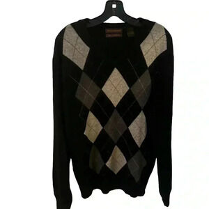 PAOLO MONDO MENS 100% CASHMERE SWEATER ARGYLE V-NECK PULLOVER SIZE L SOFT